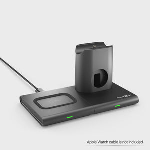 An iPhone, iWatch and AirPods placed on Quezqa X-Twins 3-in-1 Wireless Charging Dock.
